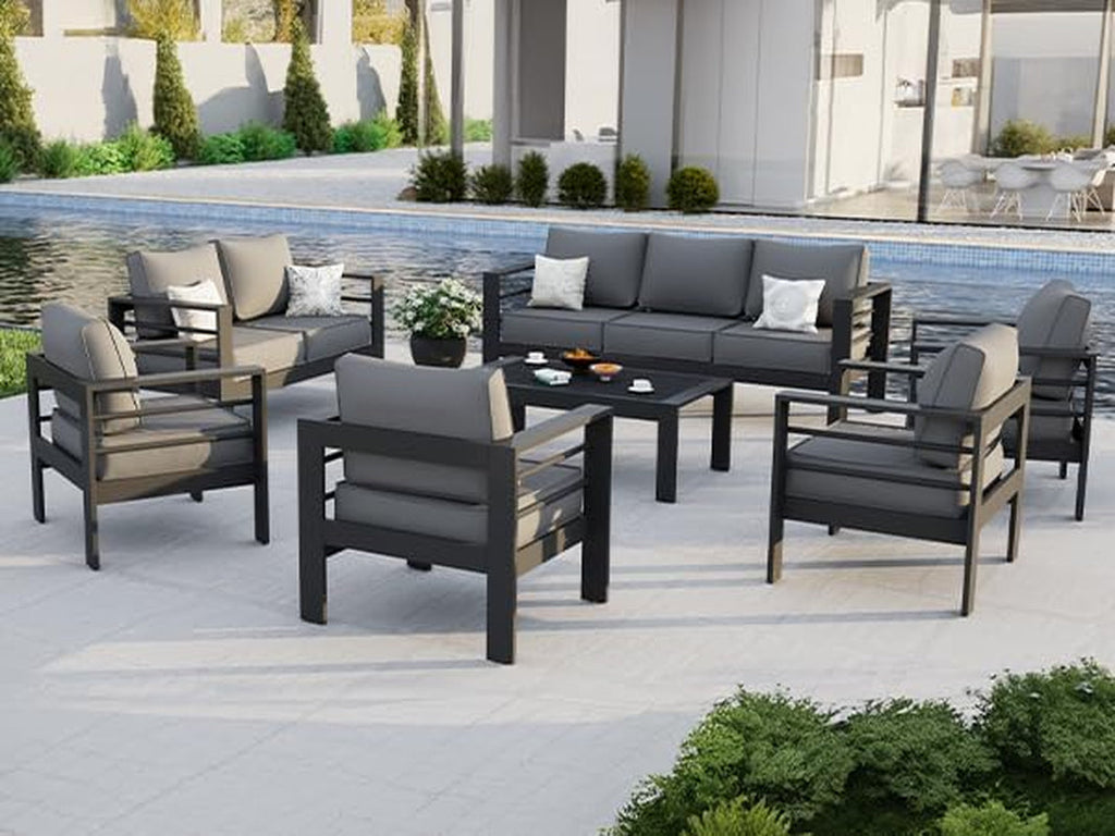 Aluminum Patio Set 7 Piece With Waterproof Covers Grey-1