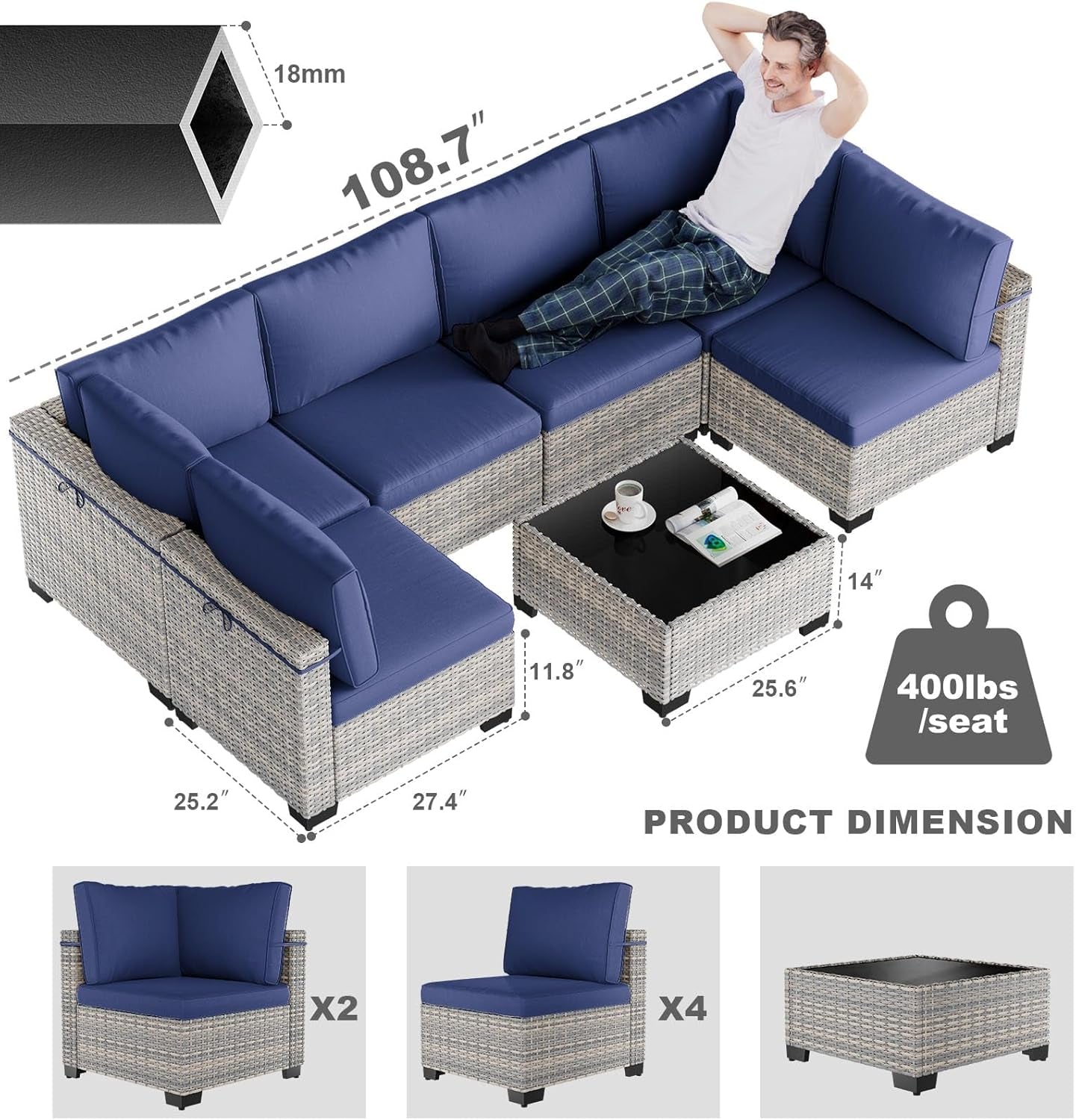 7 Piece Navy Blue Patio Furniture Set With Thick Cushions-1