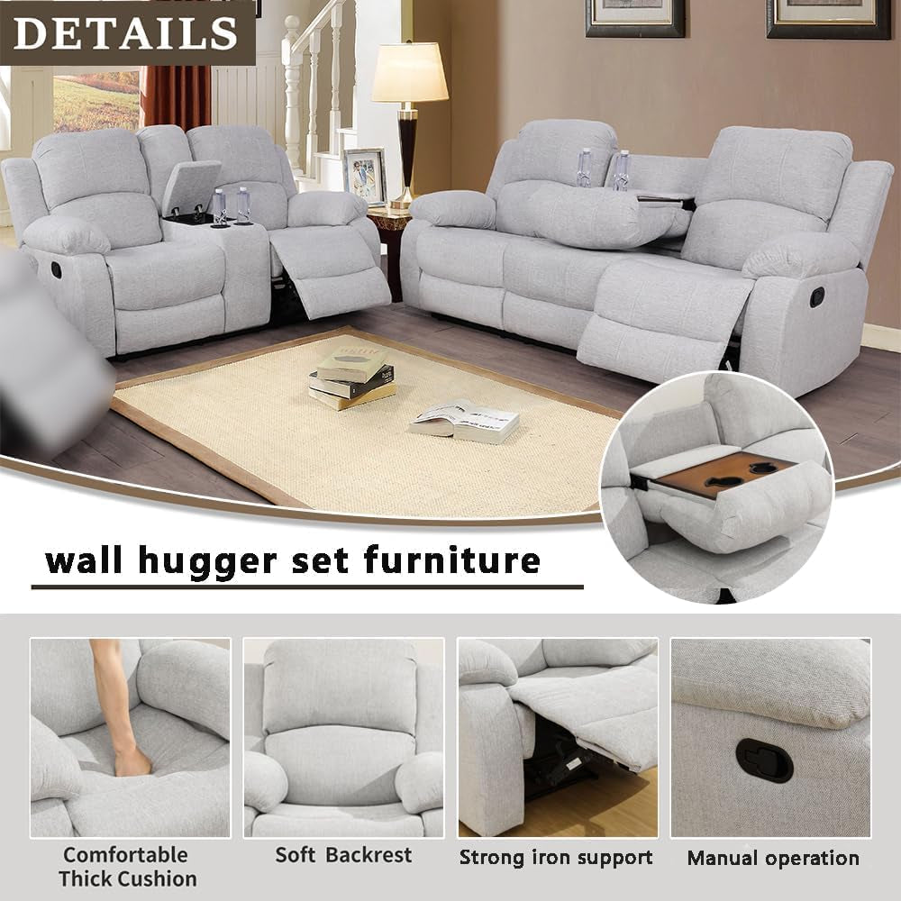 Microfiber Living Room Furniture Set Reclining Sofa Set Loveseat Furniture Sets in Living Room Sofa Recliners (Sofa+Loveseat, Grey)-3