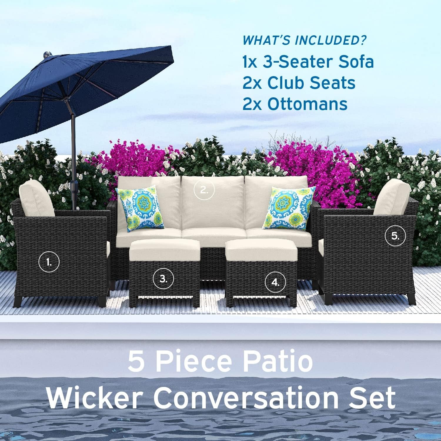 Patio Furniture Set - Outdoor Patio Furniture Sets, Patio Sectional Furniture Set, 5 Piece Patio Furniture Sets, Patio Conversation Sets, Black Wicker Patio Furniture with off White Cushions-2